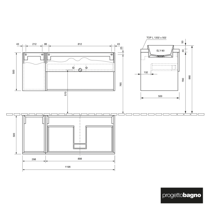 progettobagno Evo Terra Unterschrank 120 cm mit Platte in Holzdekor, ohne Hahnloch und ELY 60 Einbauwaschtisch , Ausführung rechts