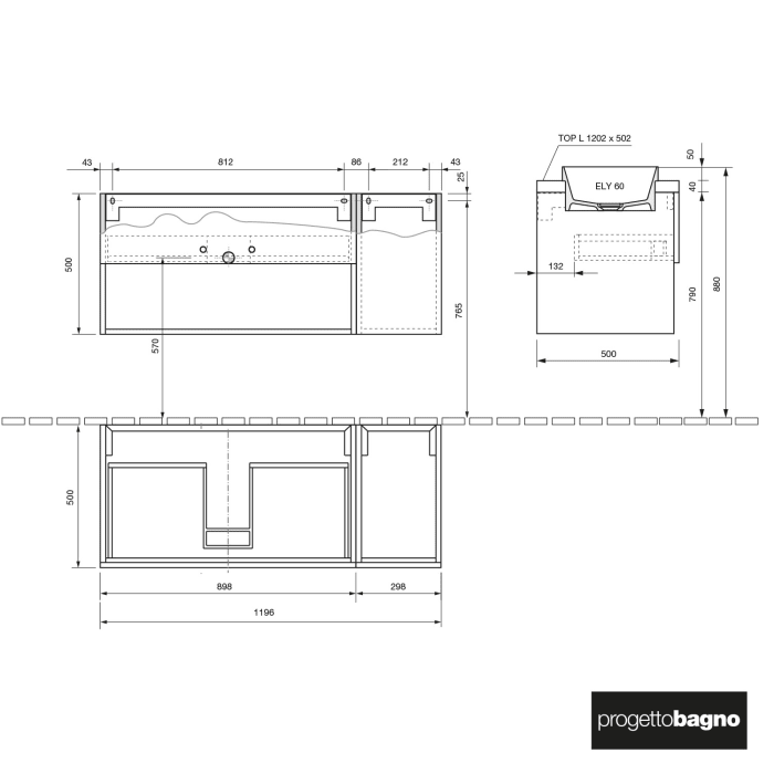 progettobagno Evo Terra Unterschrank 120 cm mit Platte in Holzdekor,ohne Hahnloch und ELY 60 Einbauwaschtisch , Ausführung links