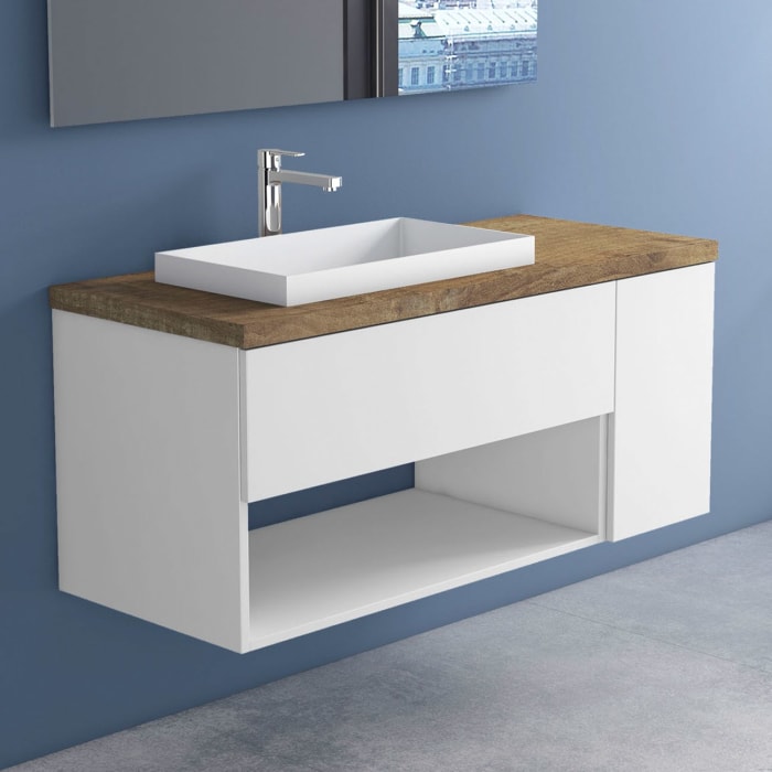 progettobagno Evo Terra Unterschrank 120 cm mit Platte in Holzdekor, Hahnlochbohrung und ELY 60 Einbauwaschtisch , Ausführung links