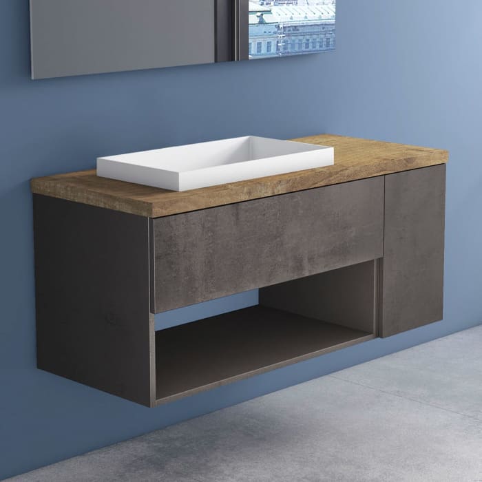 progettobagno Evo Terra Unterschrank 120 cm mit Platte in Holzdekor,ohne Hahnloch und ELY 60 Einbauwaschtisch , Ausführung links