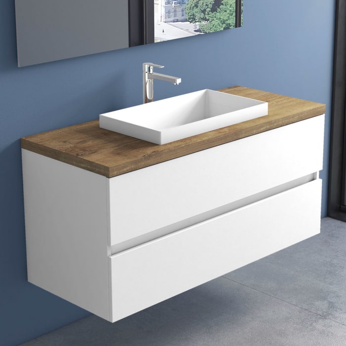 progettobagno Evo Terra Unterschrank 120 cm mit Platte in Holzdekor, Hahnlochbohrung und ELY 60 Einbauwaschtisch