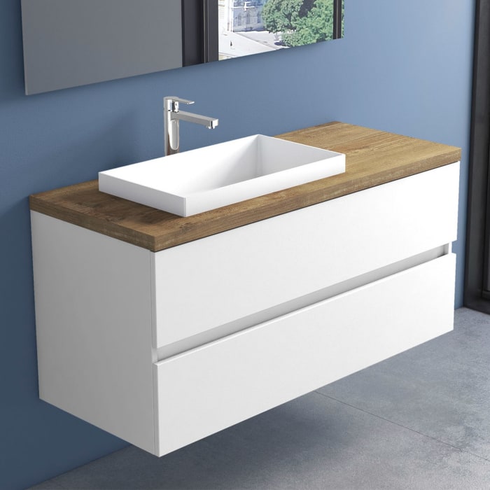 progettobagno Evo Terra Unterschrank 120 cm mit Platte in Holzdekor, Hahnlochbohrung und ELY 60 Einbauwaschtisch , Ausführung links