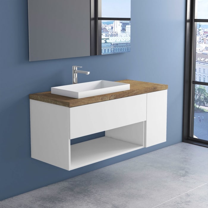 progettobagno Evo Terra Unterschrank 120 cm mit Platte in Holzdekor, Hahnlochbohrung und ELY 60 Einbauwaschtisch , Ausführung links