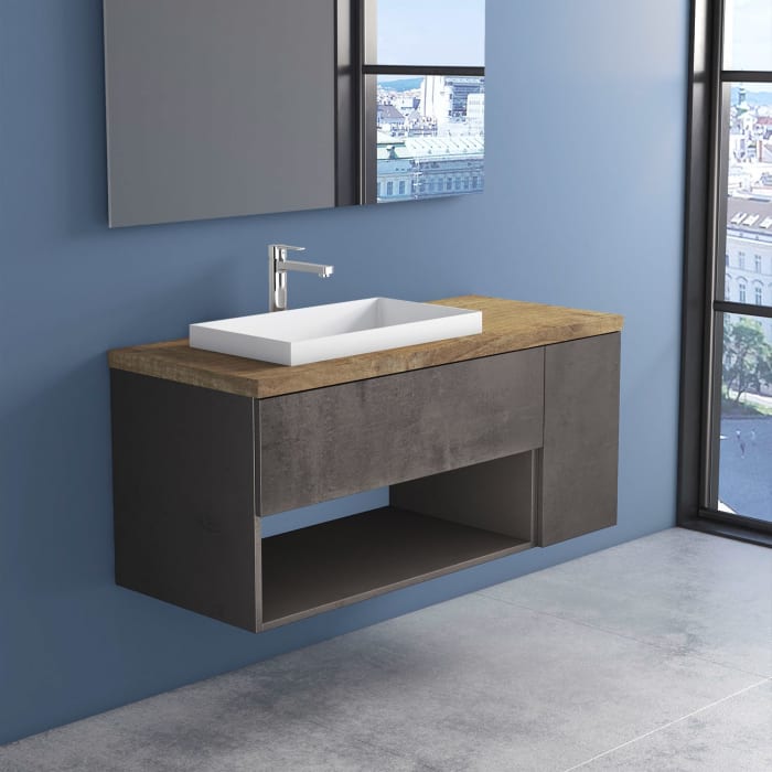 progettobagno Evo Terra Unterschrank 120 cm mit Platte in Holzdekor, Hahnlochbohrung und ELY 60 Einbauwaschtisch , Ausführung links