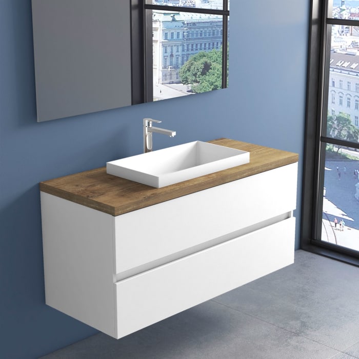 progettobagno Evo Terra Unterschrank 120 cm mit Platte in Holzdekor, Hahnlochbohrung und ELY 60 Einbauwaschtisch