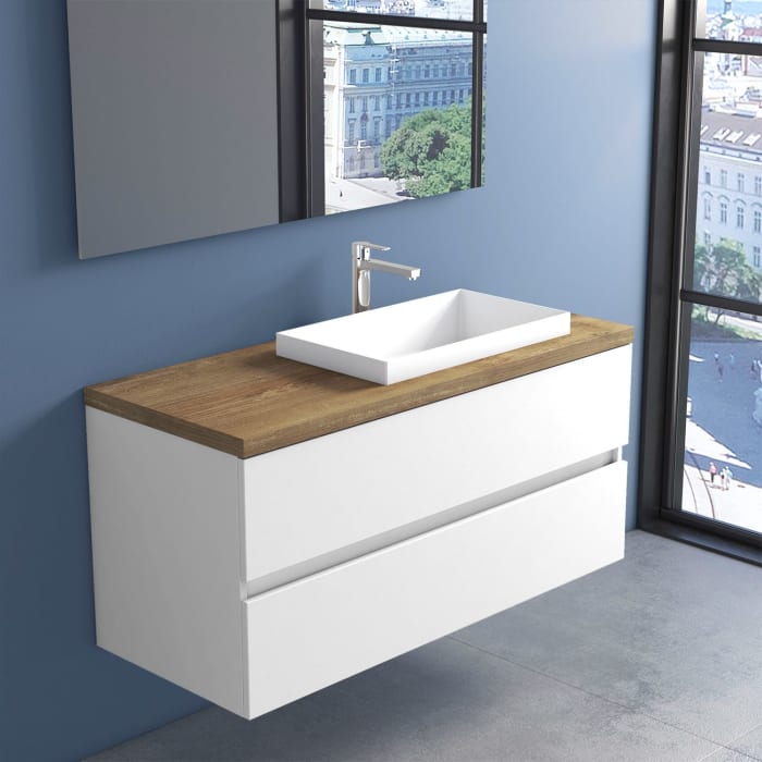 progettobagno Evo Terra Unterschrank 120 cm mit Platte in Holzdekor, Hahnlochbohrung und ELY 60 Einbauwaschtisch , Ausführung rechts