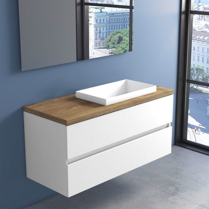 progettobagno Evo Terra Unterschrank 120 cm mit Platte in Holzdekor, ohne Hahnloch und ELY 60 Einbauwaschtisch , Ausführung rechts