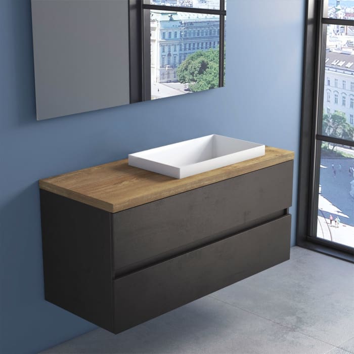progettobagno Evo Terra Unterschrank 120 cm mit Platte in Holzdekor, ohne Hahnloch und ELY 60 Einbauwaschtisch , Ausführung rechts