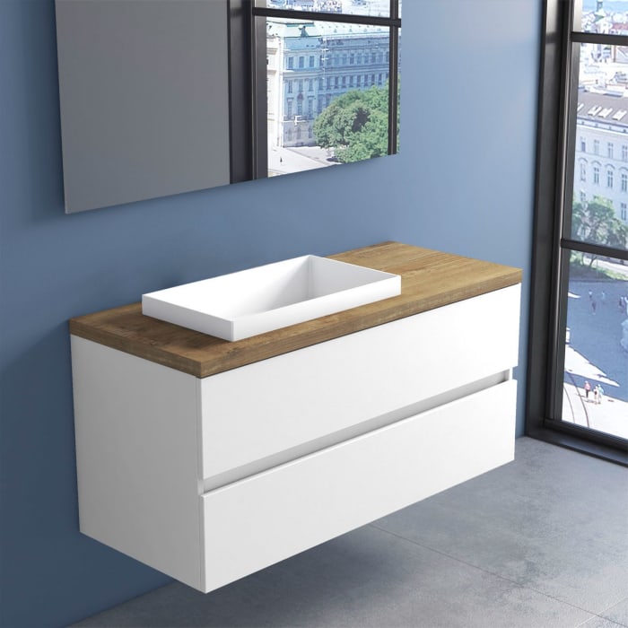 progettobagno Evo Terra Unterschrank 120 cm mit Platte in Holzdekor, ohne Hahnloch und ELY 60 Einbauwaschtisch , Ausführung links