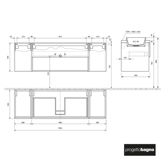 progettobagno Evo Terra Unterschrank 160 cm mit Platte in Holzdekor, ohne Hahnlochbohrung und ELY 60 Einbauwaschtisch