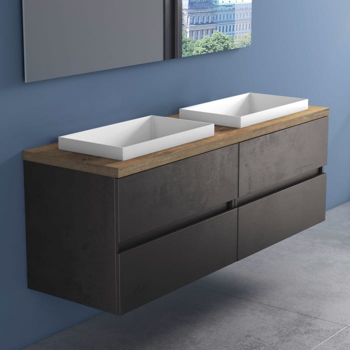 progettobagno Evo Terra Unterschrank 160 cm mit Platte in Holzdekor, ohne Hahnloch und ELY 60 Einbauwaschtisch