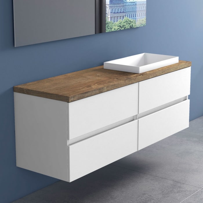 progettobagno Evo Terra Unterschrank 160 cm mit Platte in Holzdekor, ohne Hahnloch und ELY 60 Einbauwaschtisch , Ausführung rechts