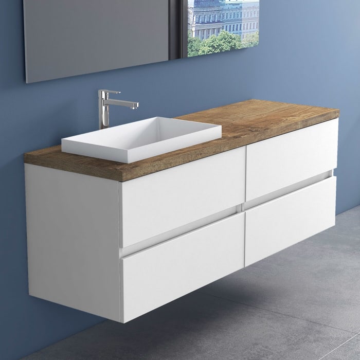 progettobagno EVO Terra Unterschrank 160 cm mit Platte in Holzdekor, Hahnlochbohrung und ELY 60 Einbauwaschtisch , Ausführung links