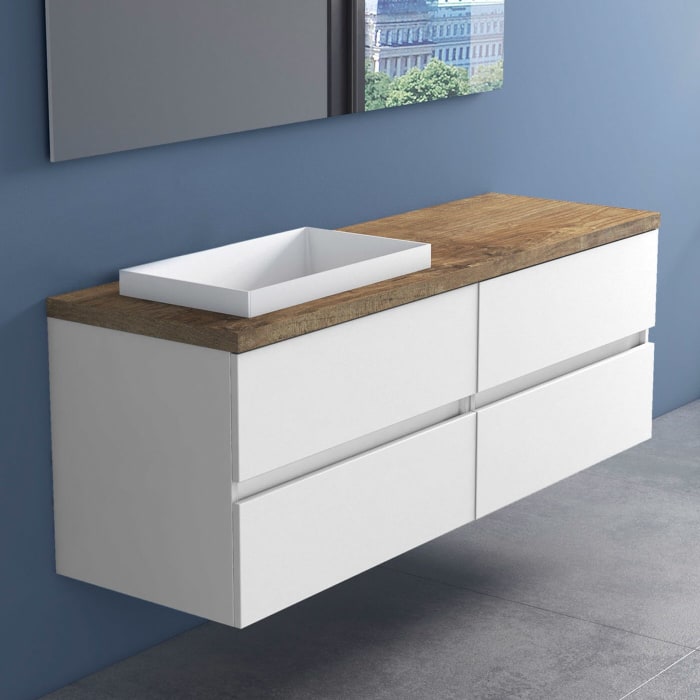 progettobagno Evo Terra Unterschrank 160 cm mit Platte in Holzdekor, ohne Hahnloch und ELY 60 Einbauwaschtisch , Ausführungl links