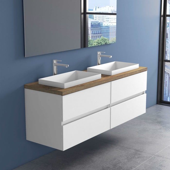 progettobagno Evo Terra Unterschrank 160 cm mit Platte in Holzdekor, Hahnlochbohrung und ELY 60 Einbauwaschtisch