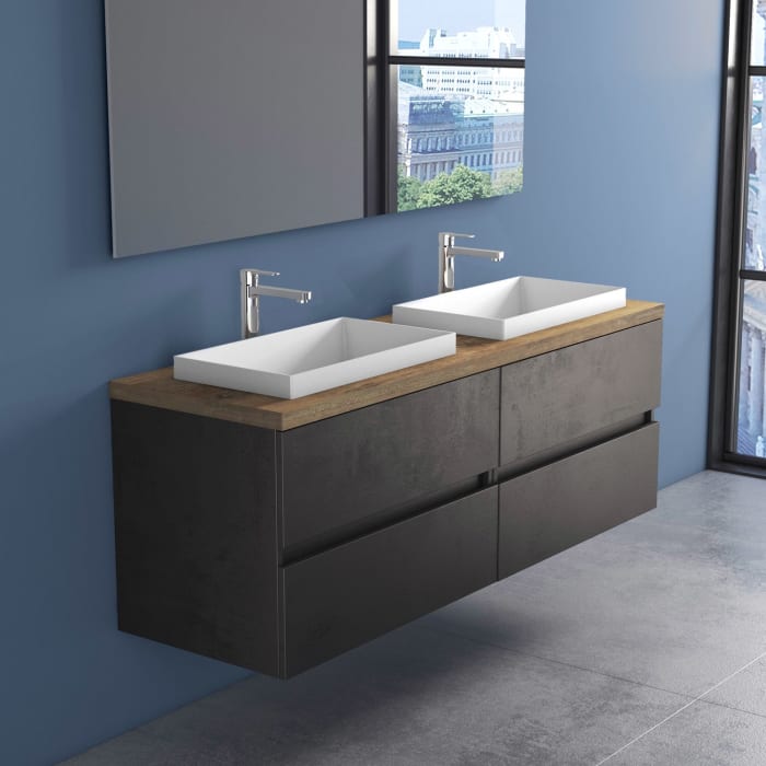 progettobagno Evo Terra Unterschrank 160 cm mit Platte in Holzdekor, Hahnlochbohrung und ELY 60 Einbauwaschtisch