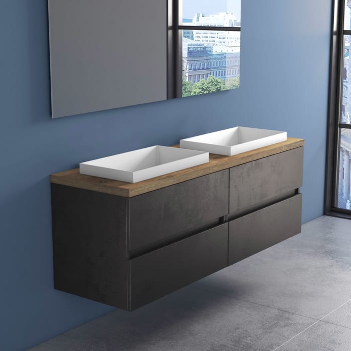 progettobagno Evo Terra Unterschrank 160 cm mit Platte in Holzdekor, ohne Hahnloch und ELY 60 Einbauwaschtisch