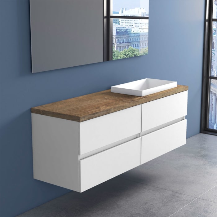 progettobagno Evo Terra Unterschrank 160 cm mit Platte in Holzdekor, ohne Hahnloch und ELY 60 Einbauwaschtisch , Ausführung rechts