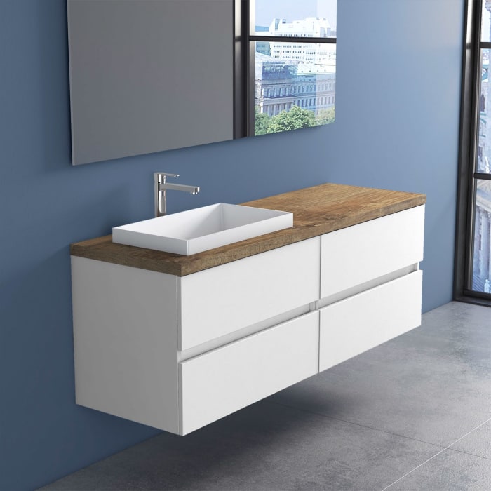 progettobagno EVO Terra Unterschrank 160 cm mit Platte in Holzdekor, Hahnlochbohrung und ELY 60 Einbauwaschtisch , Ausführung links