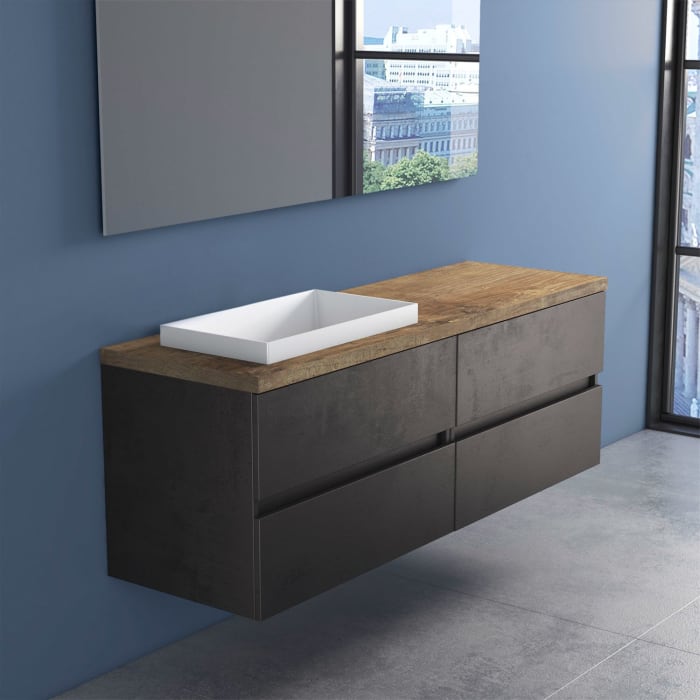 progettobagno Evo Terra Unterschrank 160 cm mit Platte in Holzdekor, ohne Hahnloch und ELY 60 Einbauwaschtisch , Ausführung links
