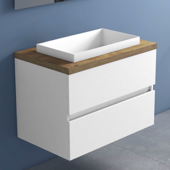 progettobagno Evo Terra Unterschrank 80 cm mit Platte in Holzdekor, ohne Hahnloch und ELY 60 Einbauwaschtisch