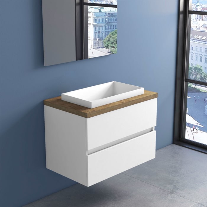 progettobagno Evo Terra Unterschrank 80 cm mit Platte in Holzdekor, ohne Hahnloch und ELY 60 Einbauwaschtisch