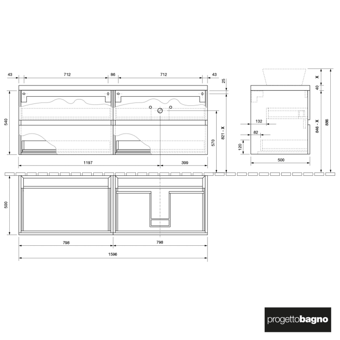progettobagno Evo Terra Waschtischkonsole 160 cm , Ausführung rechts