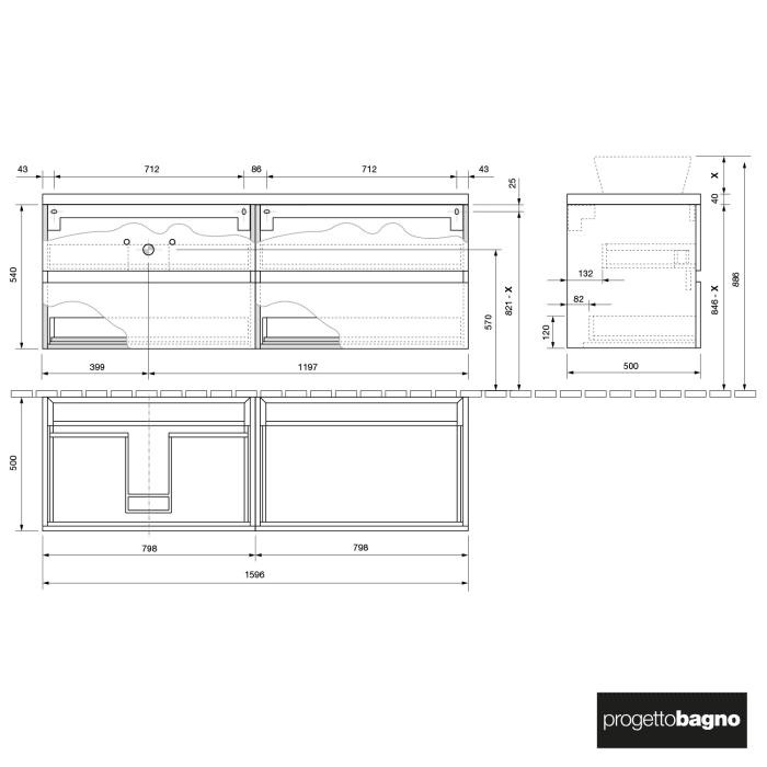 progettobagno Evo Terra Waschtischkonsole 160 cm , Ausführung links
