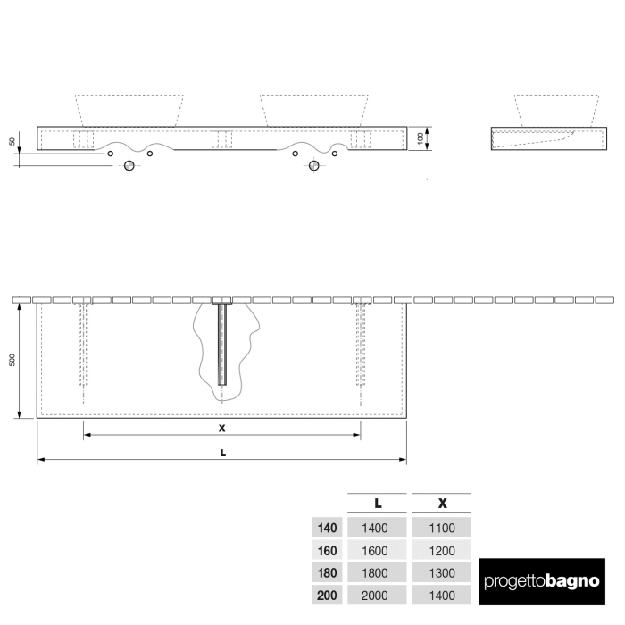 progettobagno Evo 10 Konsolenplatte 180 cm