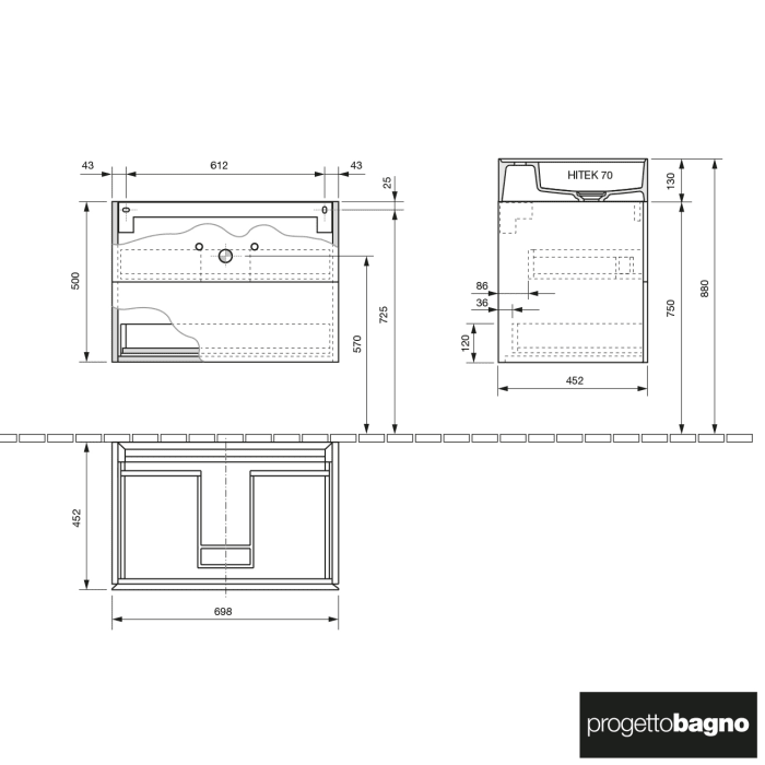 progettobagno Pianosa Hitek Waschtisch mit Unterschrank 70 cm wandhängend