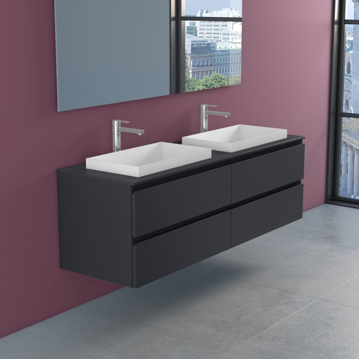 progettobagno Stresa Doppel-Unterschrank 160 cm mit Glasplatte, Hahnlochbohrung und ELY 60 Einbauwaschtischen