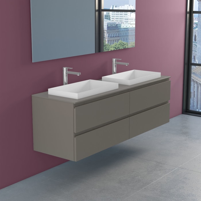 progettobagno Stresa Doppel-Unterschrank 160 cm mit Glasplatte, Hahnlochbohrung und ELY 60 Einbauwaschtischen