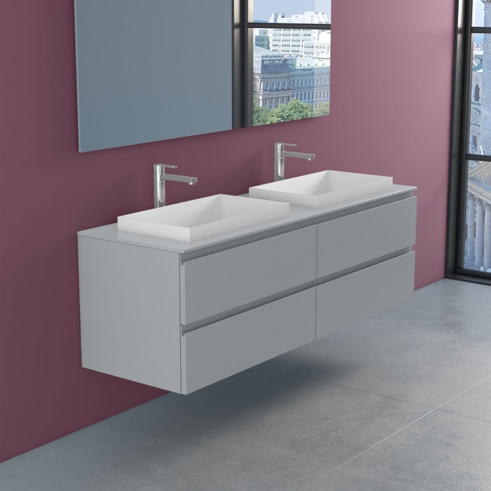 progettobagno Stresa Doppel-Unterschrank 160 cm mit Glasplatte ohne Hahnlochbohrung und ELY 60 Einbauwaschtischen