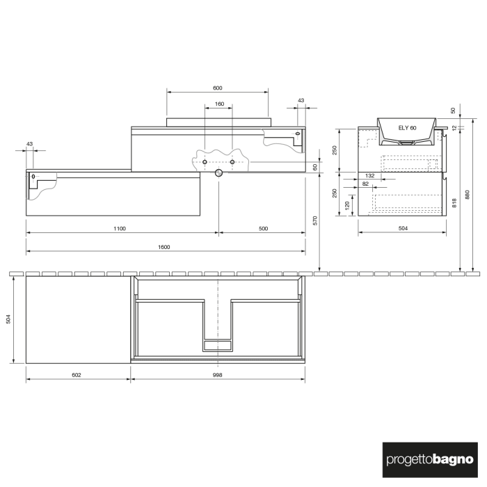 progettobagno Stresa Duo 160 cm mit ELY 60 Einbauwaschtisch rechts, ohne Hahnlochbohrung
