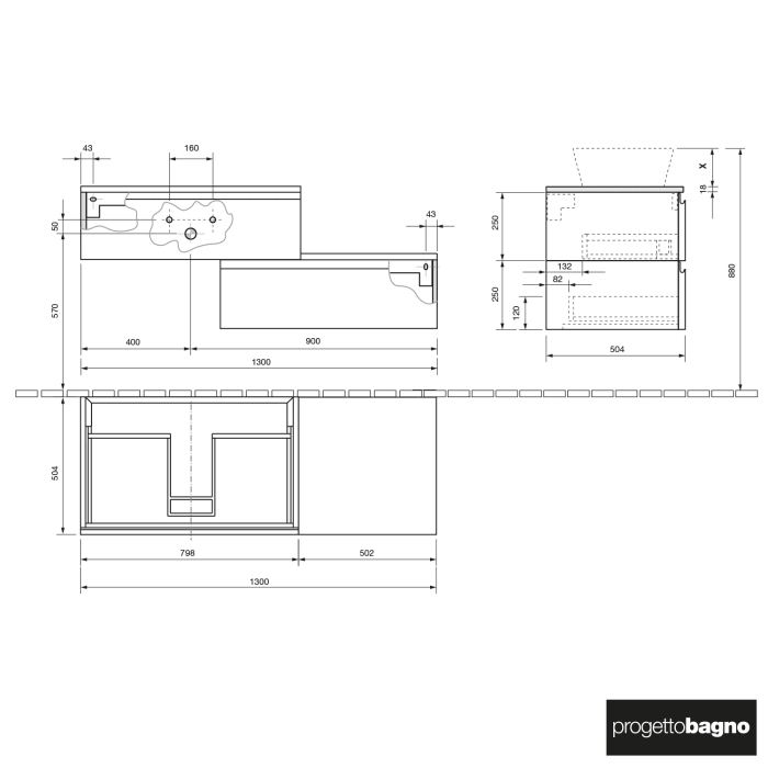 progettobagno Stresa Duo Modular Waschtischkonsole  130 cm links