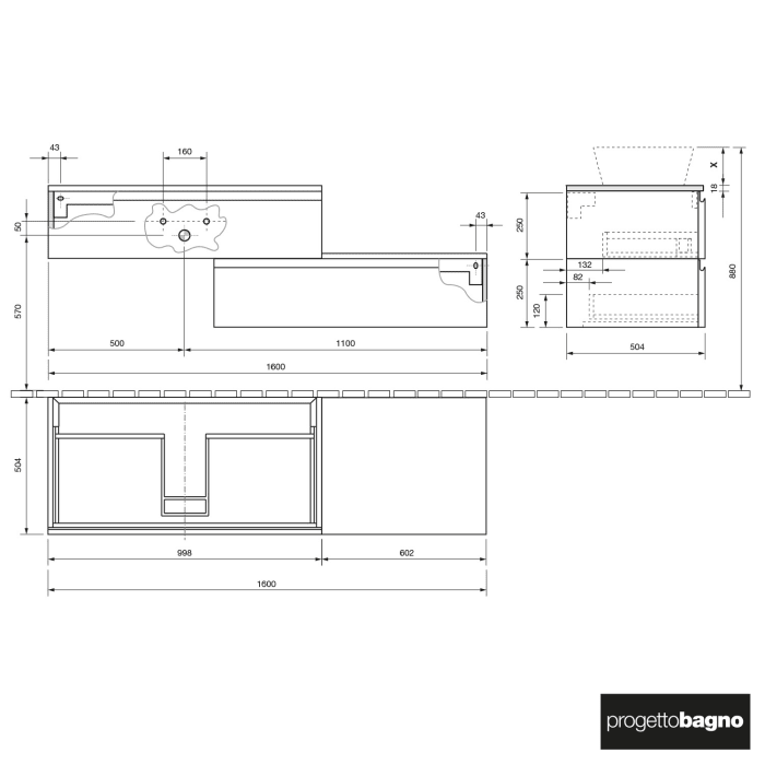 progettobagno Stresa Duo Modular Waschtischkonsole 160 cm links
