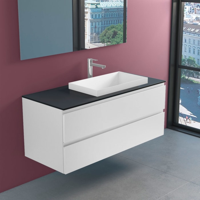 progettobagno Stresa Unterschrank 120 cm, Ausführung rechts  mit Glasplatte ohne Hahnlochbohrung und ELY 60 Einbauwaschtisch