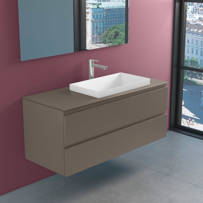 progettobagno Stresa Unterschrank 120 cm, Ausführung rechts mit Glasplatte ohne Hahnlochbohrungund ELY 60 Einbauwaschtisch