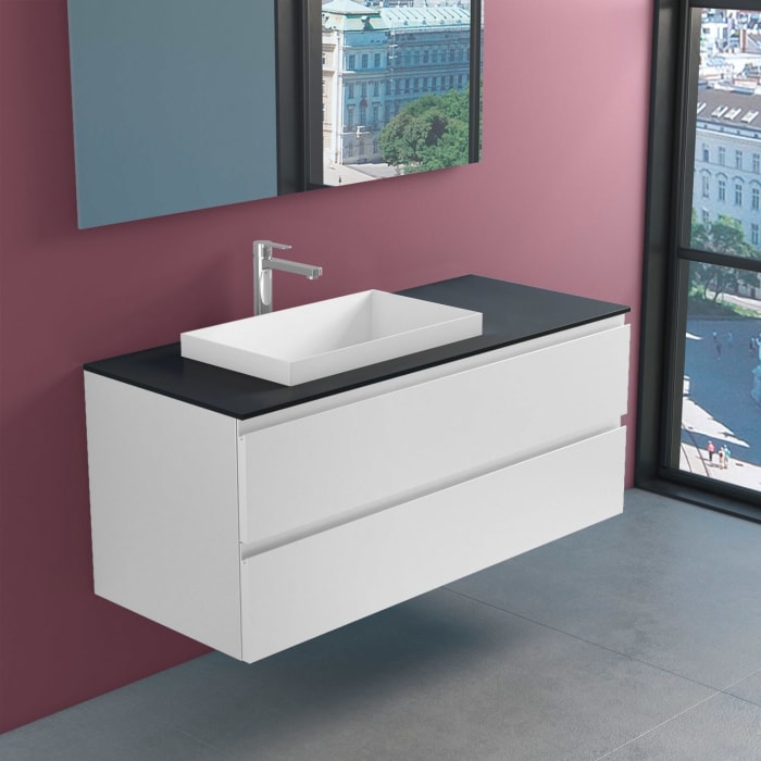 progettobagno Stresa Unterschrank 120 cm, Ausführung links mit Glasplatte, Hahnlochbohrung und ELY 60 Einbauwaschtisch