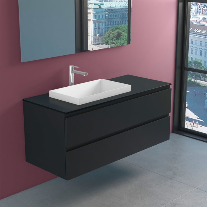 progettobagno Stresa Unterschrank 120 cm, Ausführung links mit Glasplatte, Hahnlochbohrung und ELY 60 Einbauwaschtisch