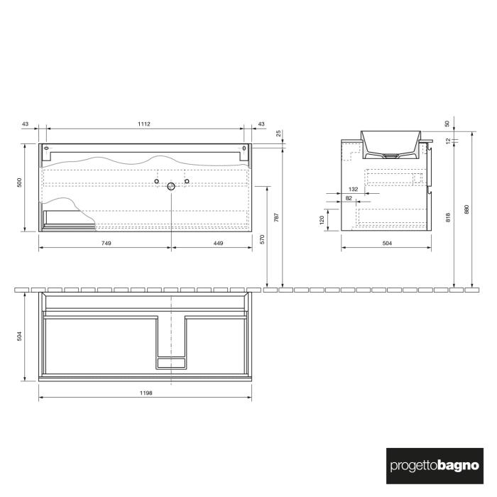 progettobagno Stresa Unterschrank 120 cm, Ausführung rechts mit Glasplatte, Hahnlochbohrungund ELY 60 Einbauwaschtisch