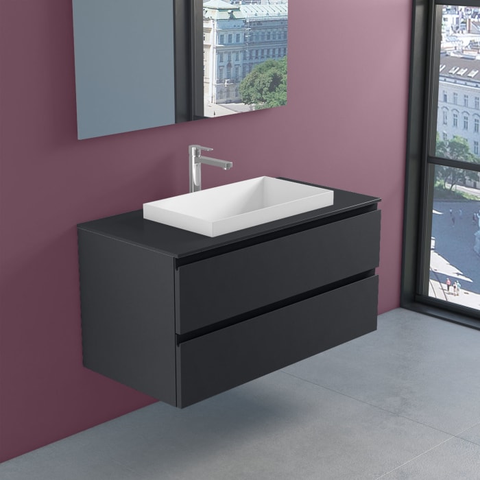 progettobagno Stresa Unterschrank 100 cm mit Glasplatte, Hahnlochbohrung und ELY 60 Einbauwaschtisch
