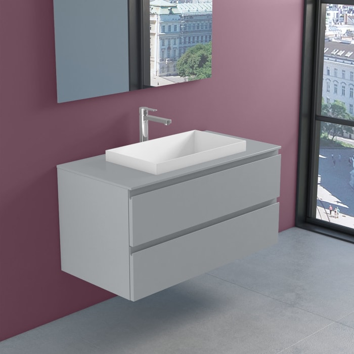 progettobagno Stresa Unterschrank 100 cm mit Glasplatte ohne Hahnlochbohrung und ELY 60 Einbauwaschtisch