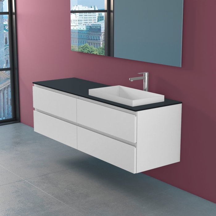 progettobagno Stresa Unterschrank 160 cm, Ausführung rechts mit Glasplatte, Hahnlochbohrung und ELY 60 Einbauwaschtisch