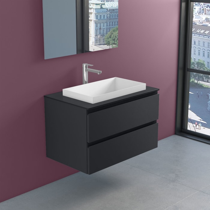 progettobagno Stresa Unterschrank 80 cm mit Glasplatte , Hahnlochbohrung und ELY 60 Einbauwaschtisch