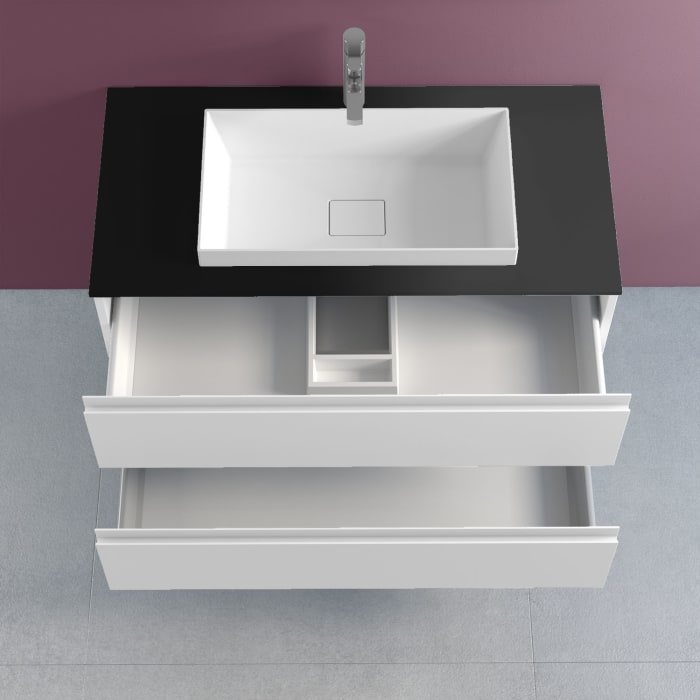 progettobagno Stresa Unterschrank 80 cm mit Glasplatte ohne Hahnlochbohrung und ELY 60 Einbauwaschtisch