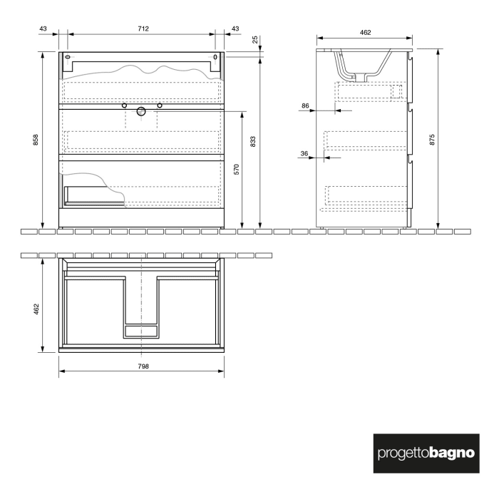 progettobagno Stresa Tre Waschtisch mit Unterschrank 80 cm bodenstehend