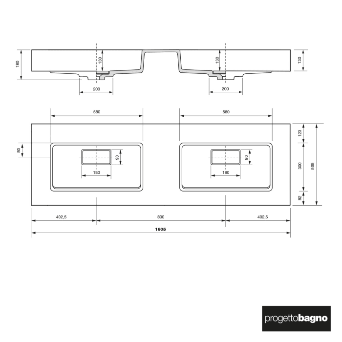 progettobagno Orta Doppel-Waschtisch 160 cm ohne Hahnloch