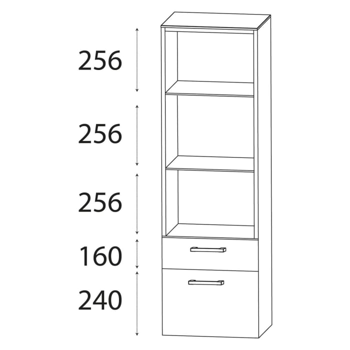 Puris b • brace Mittelschrankregal 40 x 30 x 130,8 cm mit 1 Auszug, 1 Schubkasten und 3 offenen Fächern