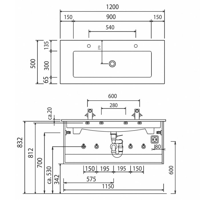 Puris b • brace Waschtisch-Set 120 cm mit Keramik-Doppelwaschtisch Villeroy & Boch Venticello mit CeramicPlus